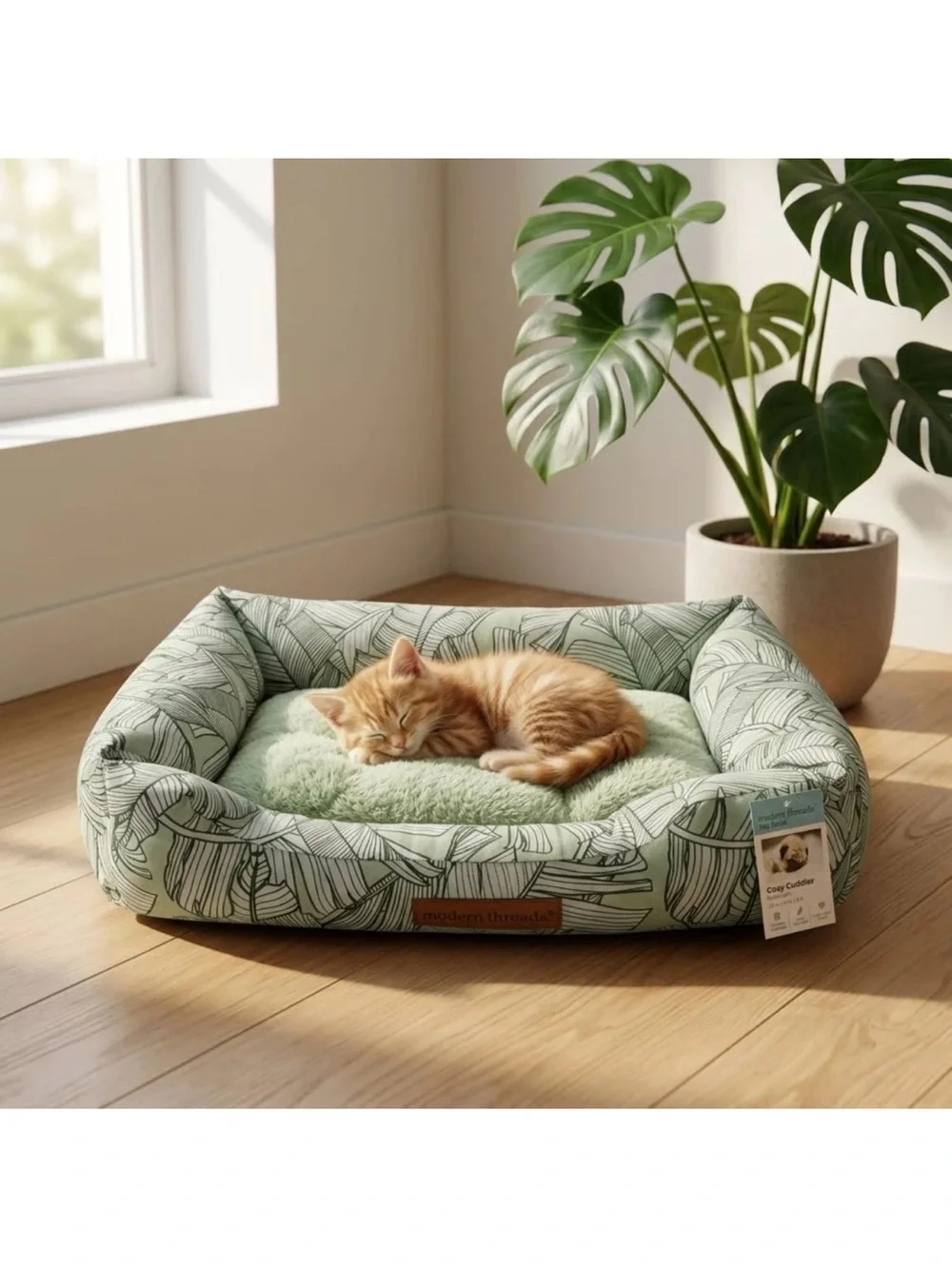 Green Leaf Small Pet Bed with Plush Cushion cat dog